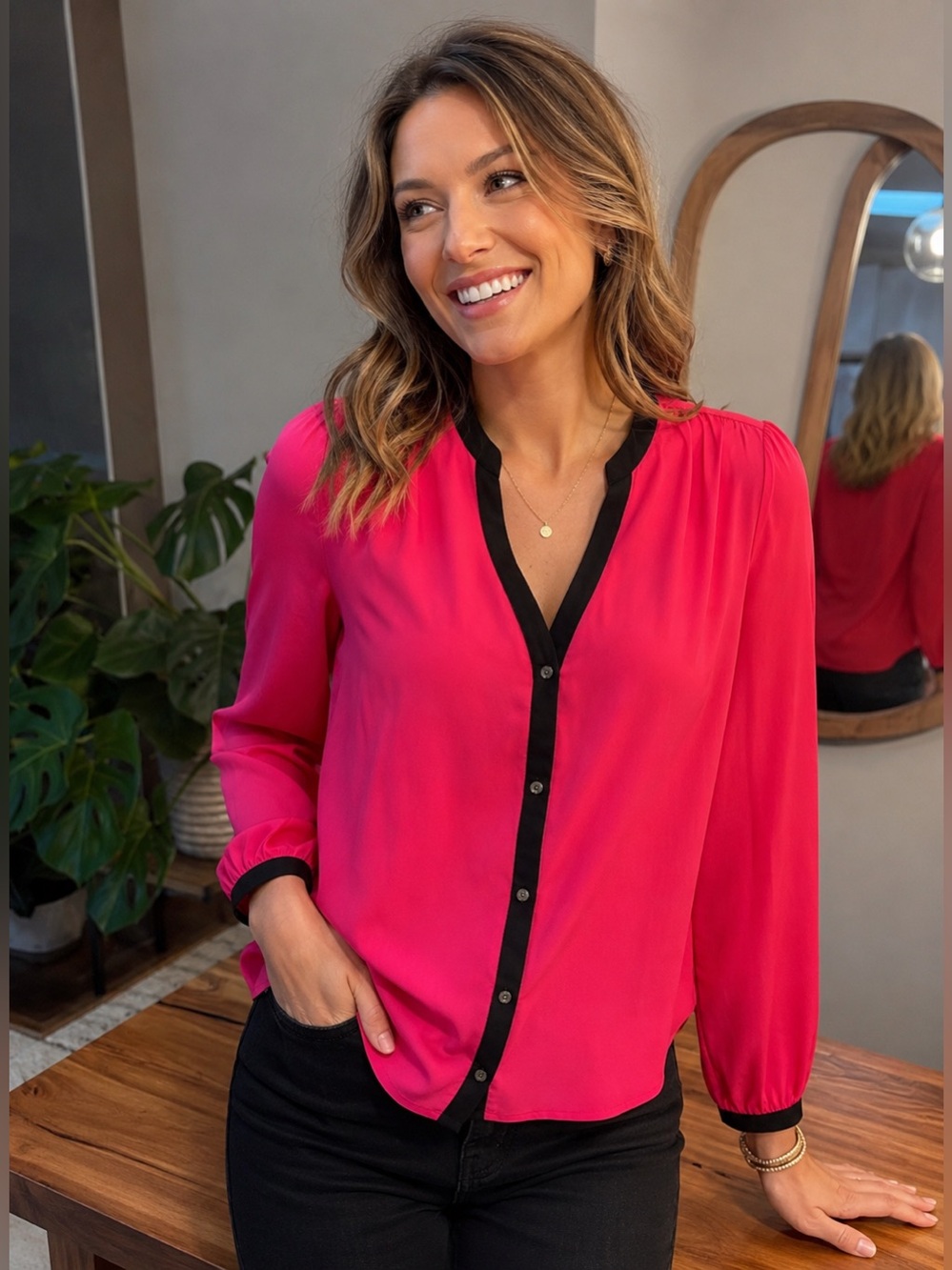 DKNYC Fuchsia Blouse with Black Trim